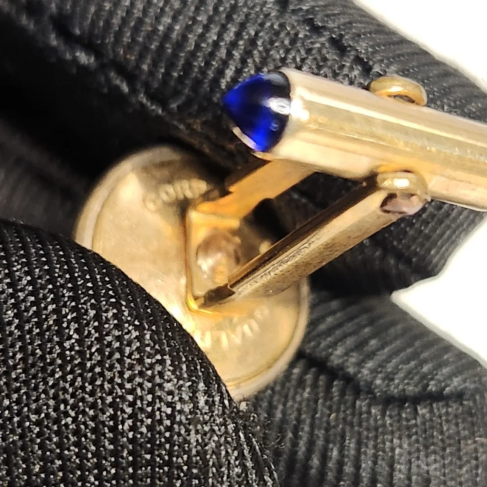 Correct 14K Goldplated Blue Round & Bullet Glass Cab Cufflinks, Signed